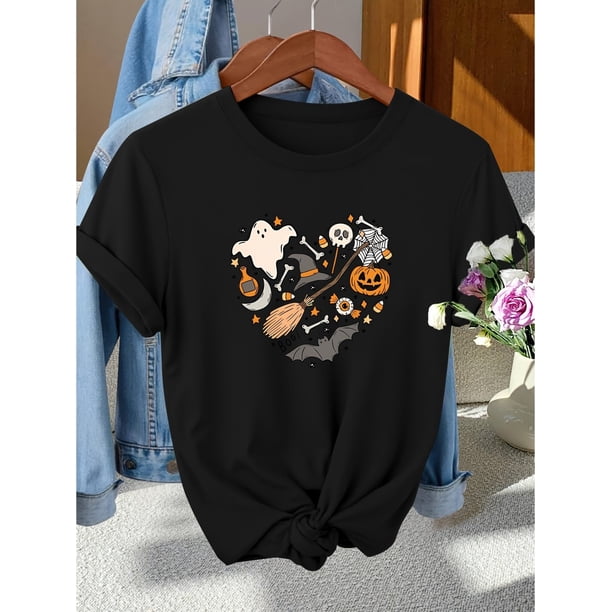 Women's Halloween T-Shirt - Cute Ghosts, Pumpkin, Witch Hat & Happy Halloween Text in Heart - Retro Vintage Tee - Soft Round Neck Casual Top for Halloween Party, Fall outfit essential