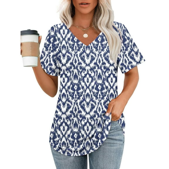 Summer Tops for Women Short Sleeve Under $10 V- Neck Printed Casual Pullover With Short Sleeves