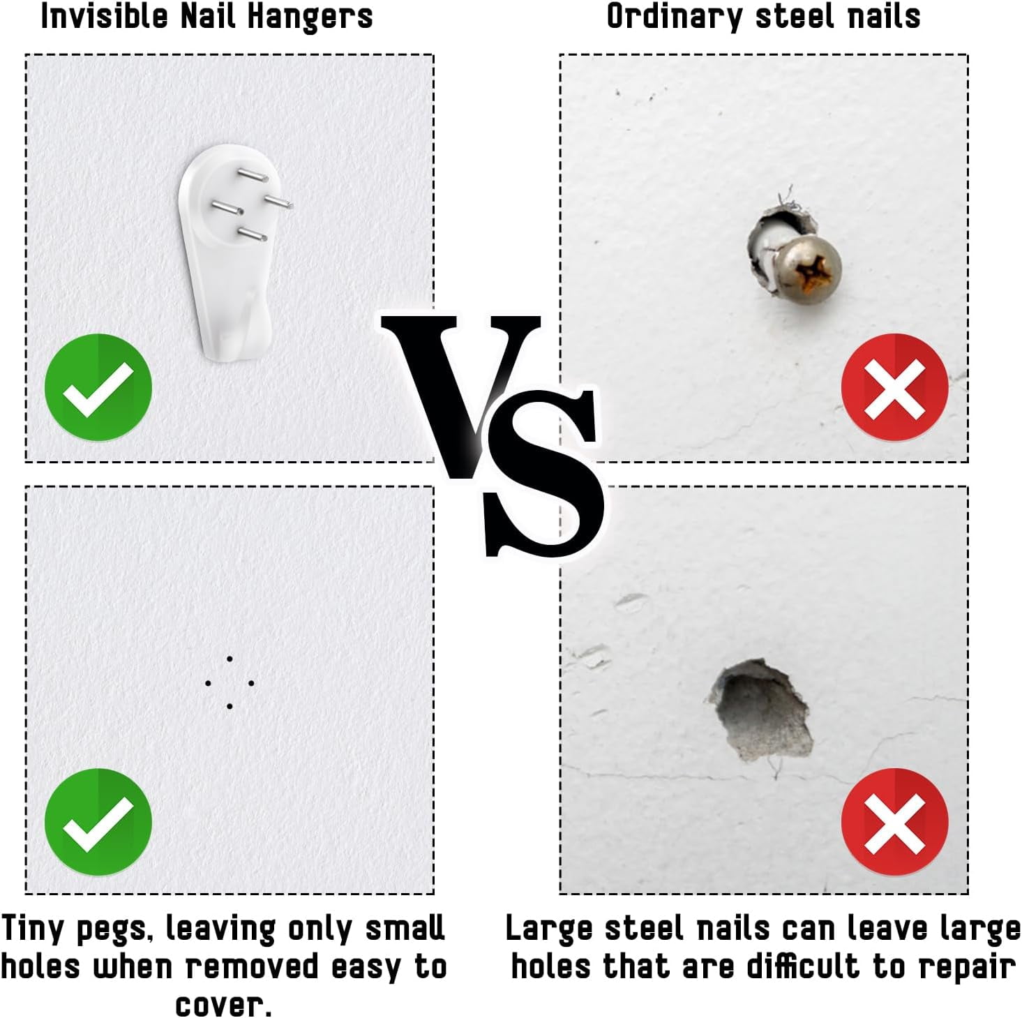 JJEAN-50 Pack Concrete Wall Hooks - Picture Hangers with Invisible Nails, Attach to Stucco, Cinder Block, Cement & More