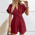 thumbnail image 4 of ZHYou Short Sleeve Jumpsuits for Women Cotton Flowy Loose V Neck Lightweight Casual Summer Short Rompers,Wine,Size XL, 4 of 6