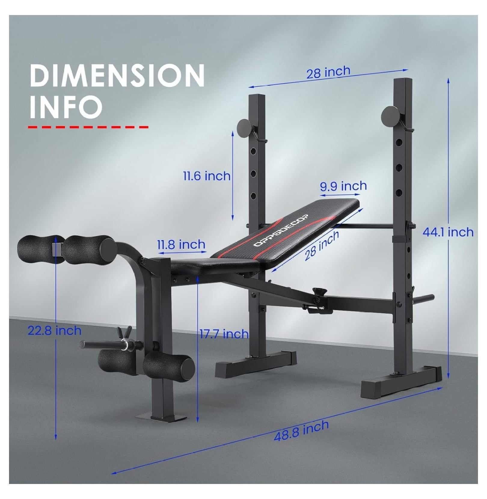 8 in 1 Weight Set, Adjustable Press with Squat Rack Leg Extension & Leg Foldable Workout with Safety Bar Catches Standard Weight Training Benches for Home Gym