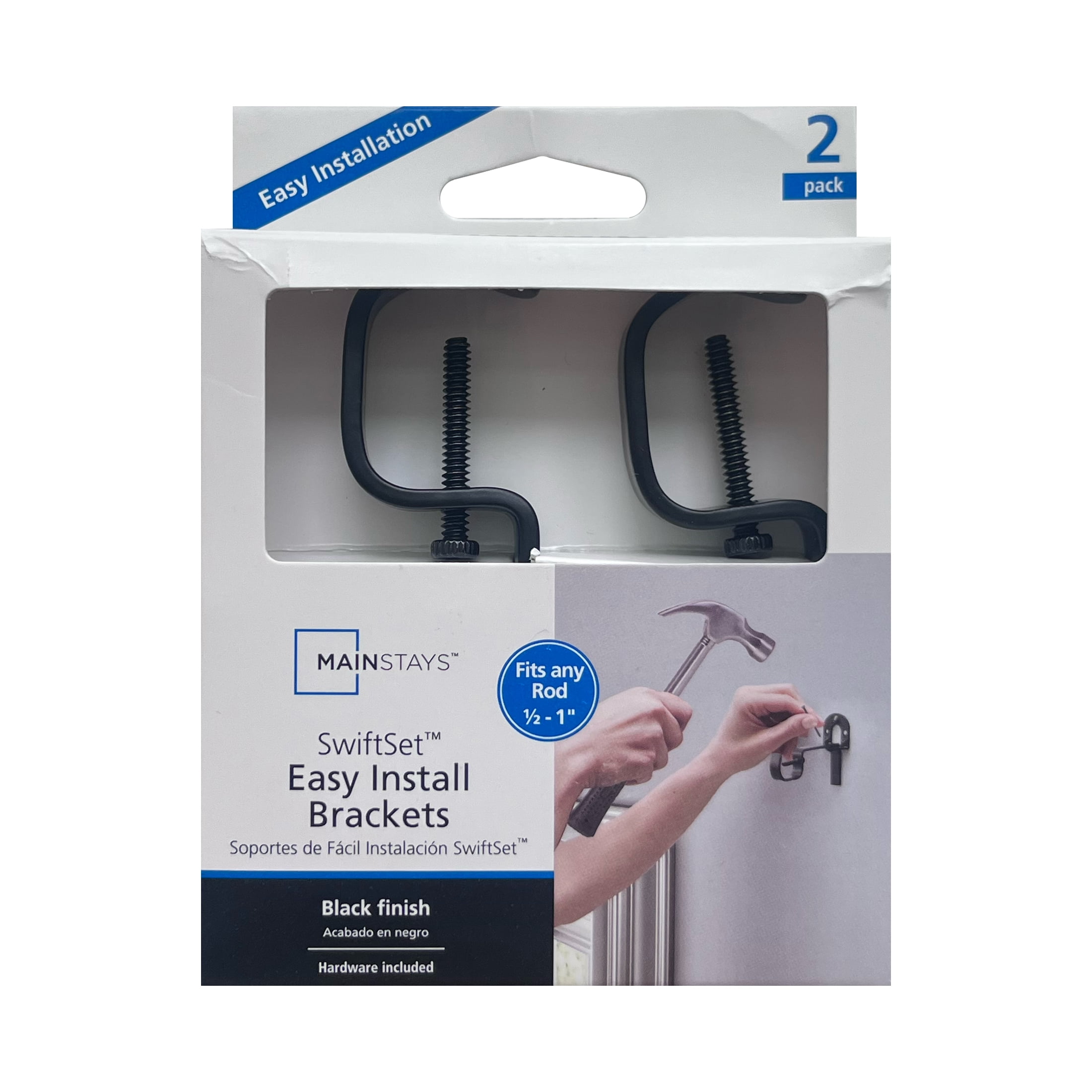 Mainstays SwiftSet No Drill Black 1/2" to 1" Diameter Curtain Rod Brackets, 2 Count