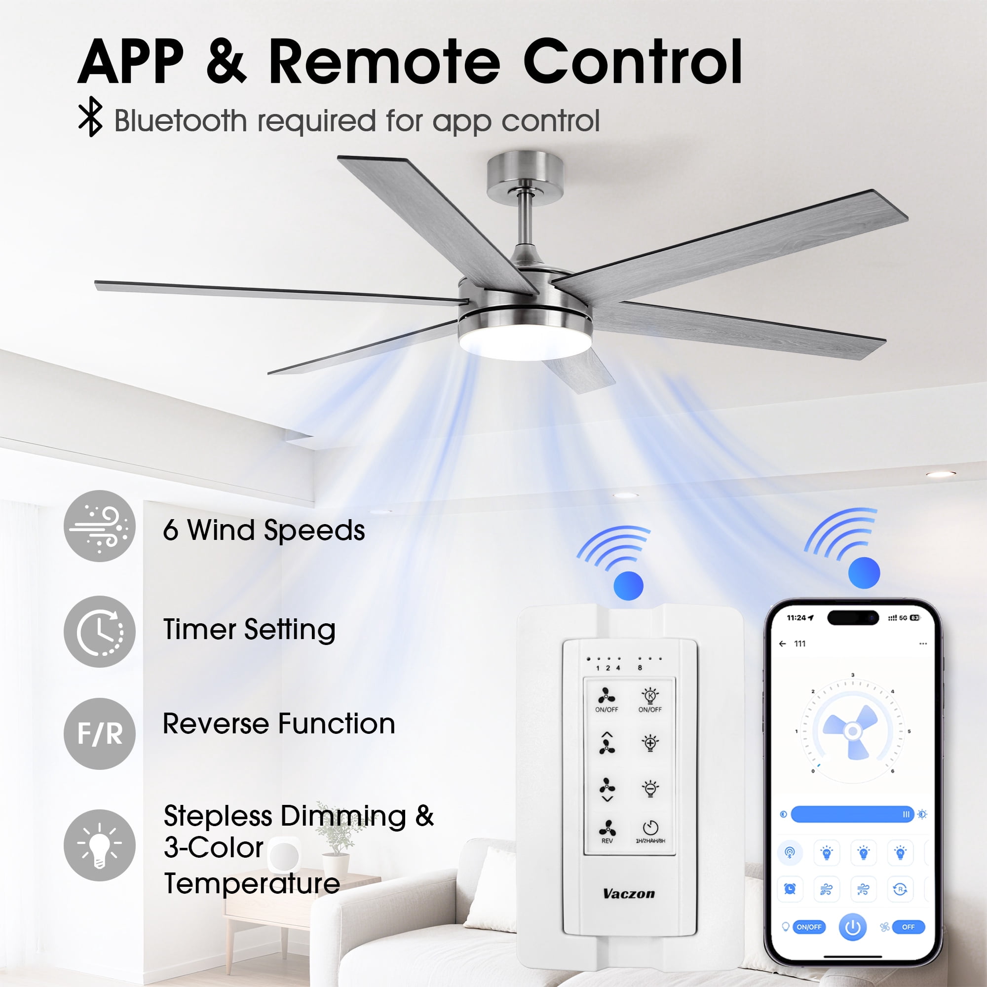 Vaczon 60" Industrial Satin Nickel Smart Ceiling Fan with Dimmable LED Light and Remote