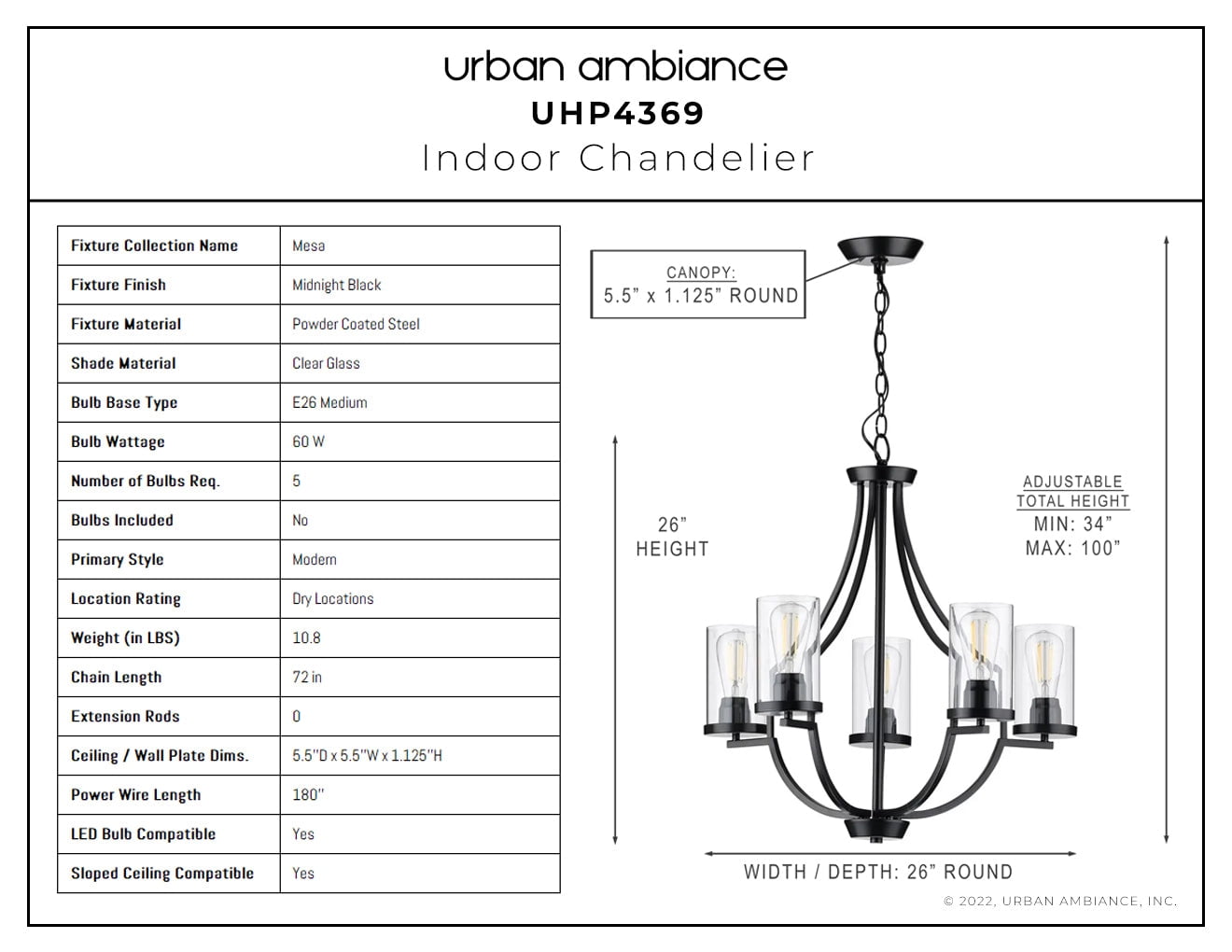 Luxury Contemporary Chandelier, 26H x 26W, with Modern Style, Midnight Black, UHP4369 by Urban Ambiance