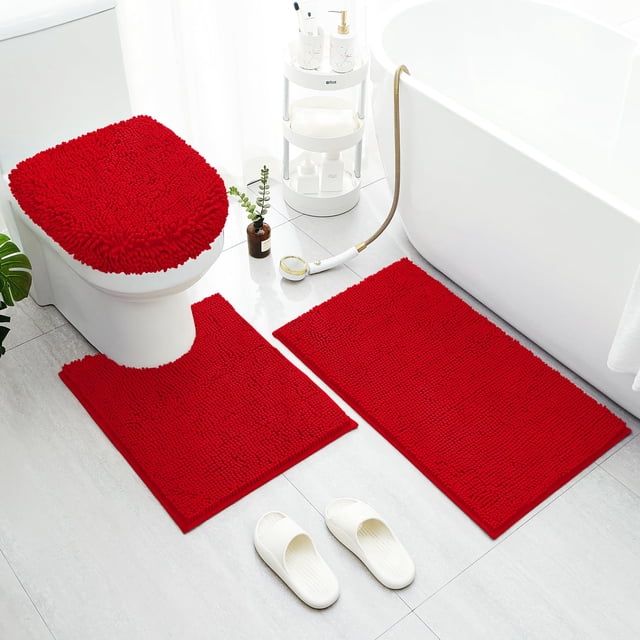 Juego de alfombras de baño BYSURE rojas de fibra de chenilla de 3 piezas