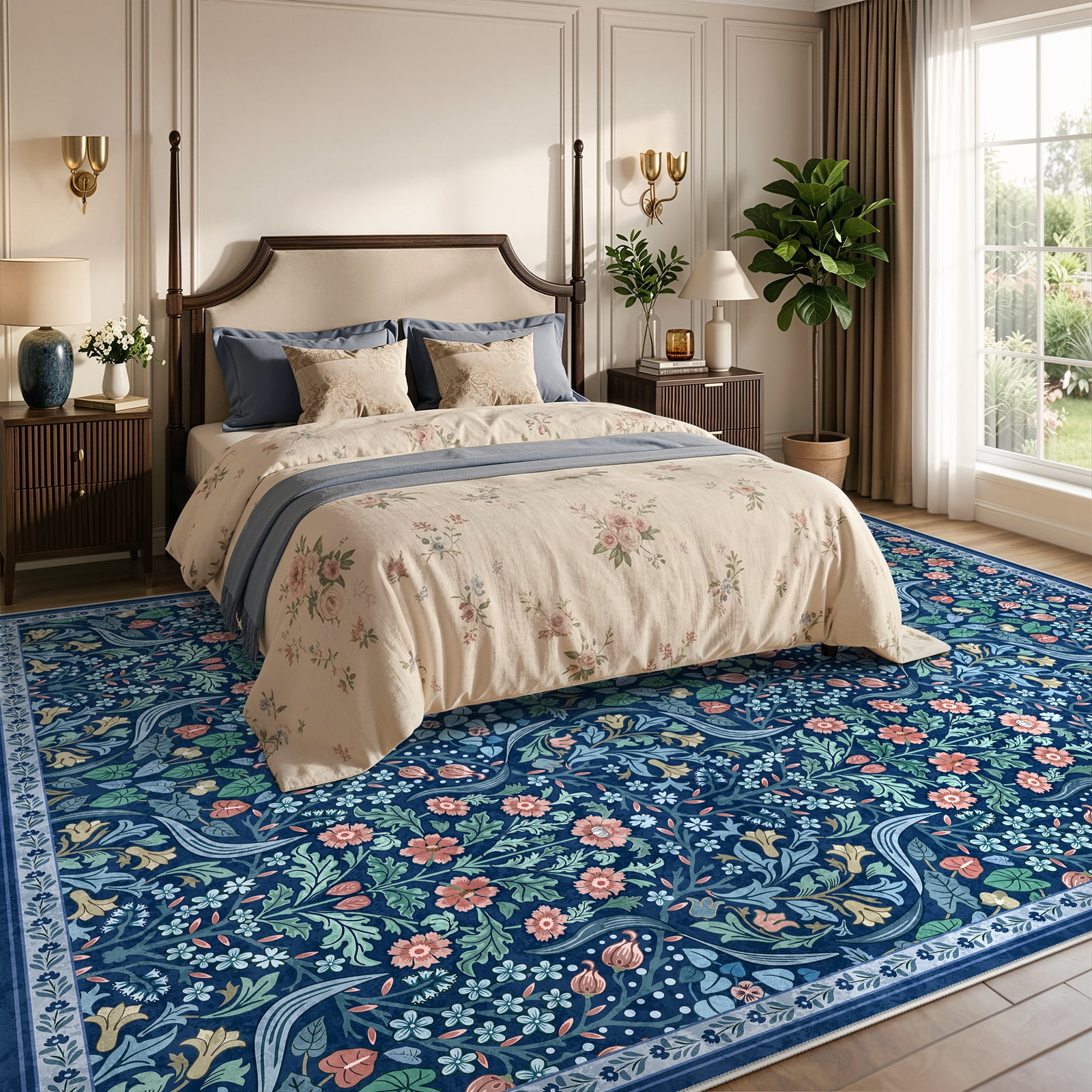 Lahome Washable 8'x10' Area Rug, Blue Floral Rugs for Living Room, Soft Non-Slip Ultra Thin Boho Carpet for Bedroom Dining Room Nursery, Botanical Large Area Rugs, Blue