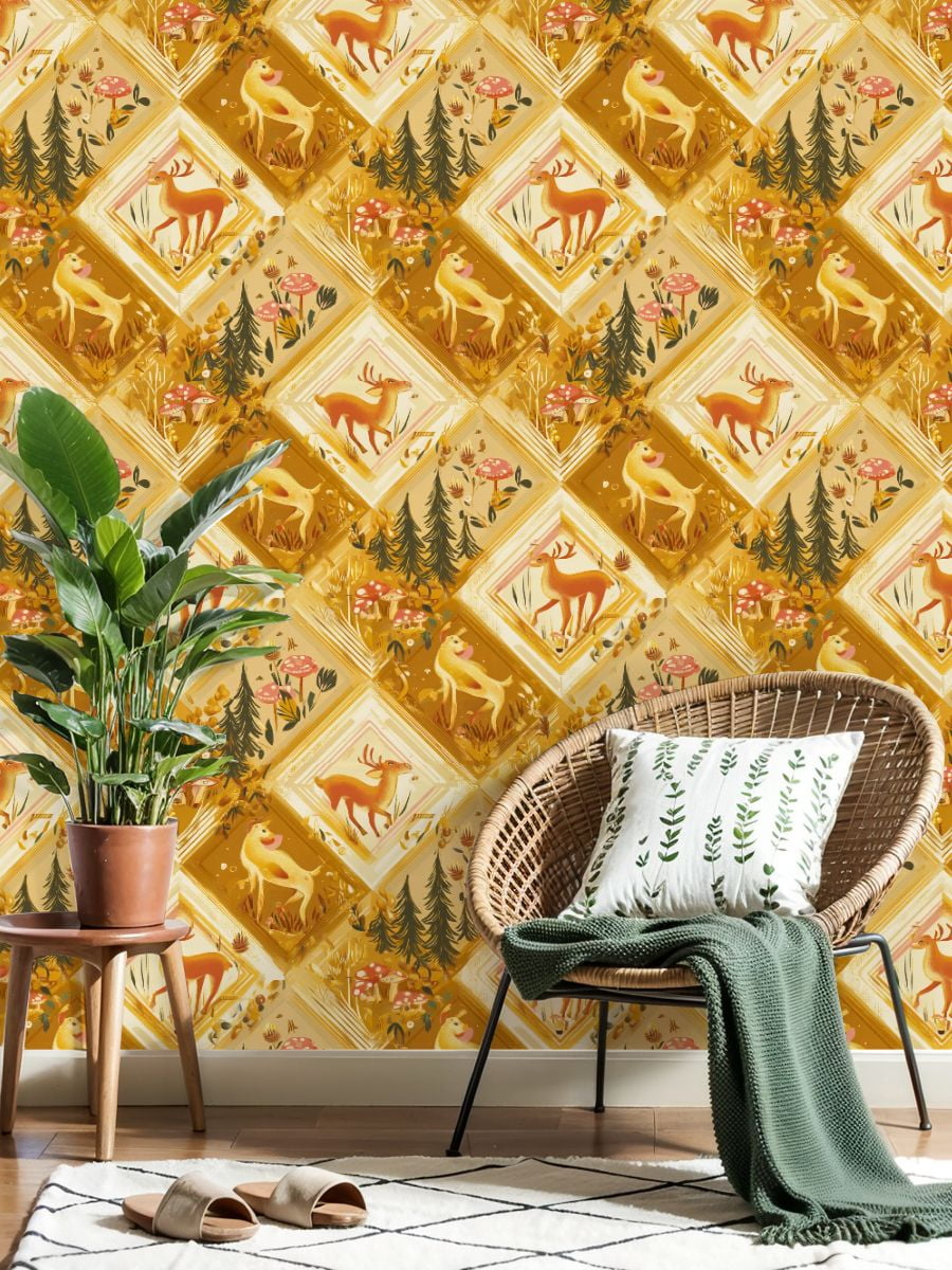 Hunt Peel and Stick Wallpaper 17.7in x 9.8ft Whimsical Forest Animals Deer Dog Mushrooms Golden Contact Paper Vinyl Waterproof Self Adhesive Wall Paper for Bedroom Shelf Cabinet Renter Friendly