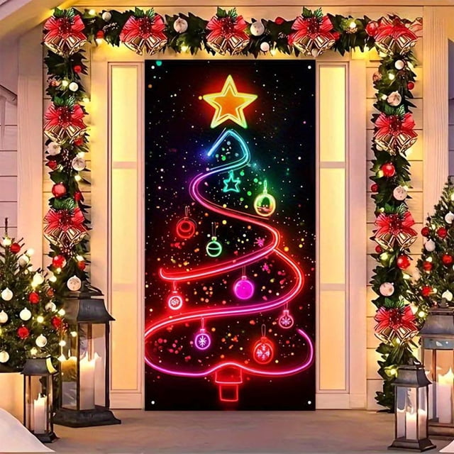 Aodebiao Housse de Porte de Noël Festive en PVC, Décoration des Fêtes pour Intérieur et Extérieur, Déco de Fête à la Maison, Rideau de Porte Réutilisable et Imperméable avec Corde de Suspension