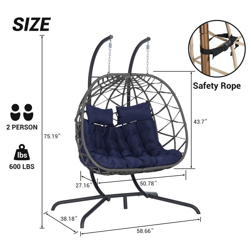 Double Swing Egg Chair with Stand,2 Person Indoor Outdoor Wicker Loveseat, Oversized Patio Hanging Basket Chair with Cushions, Cozy Sturdy Porch Swing for Backyard