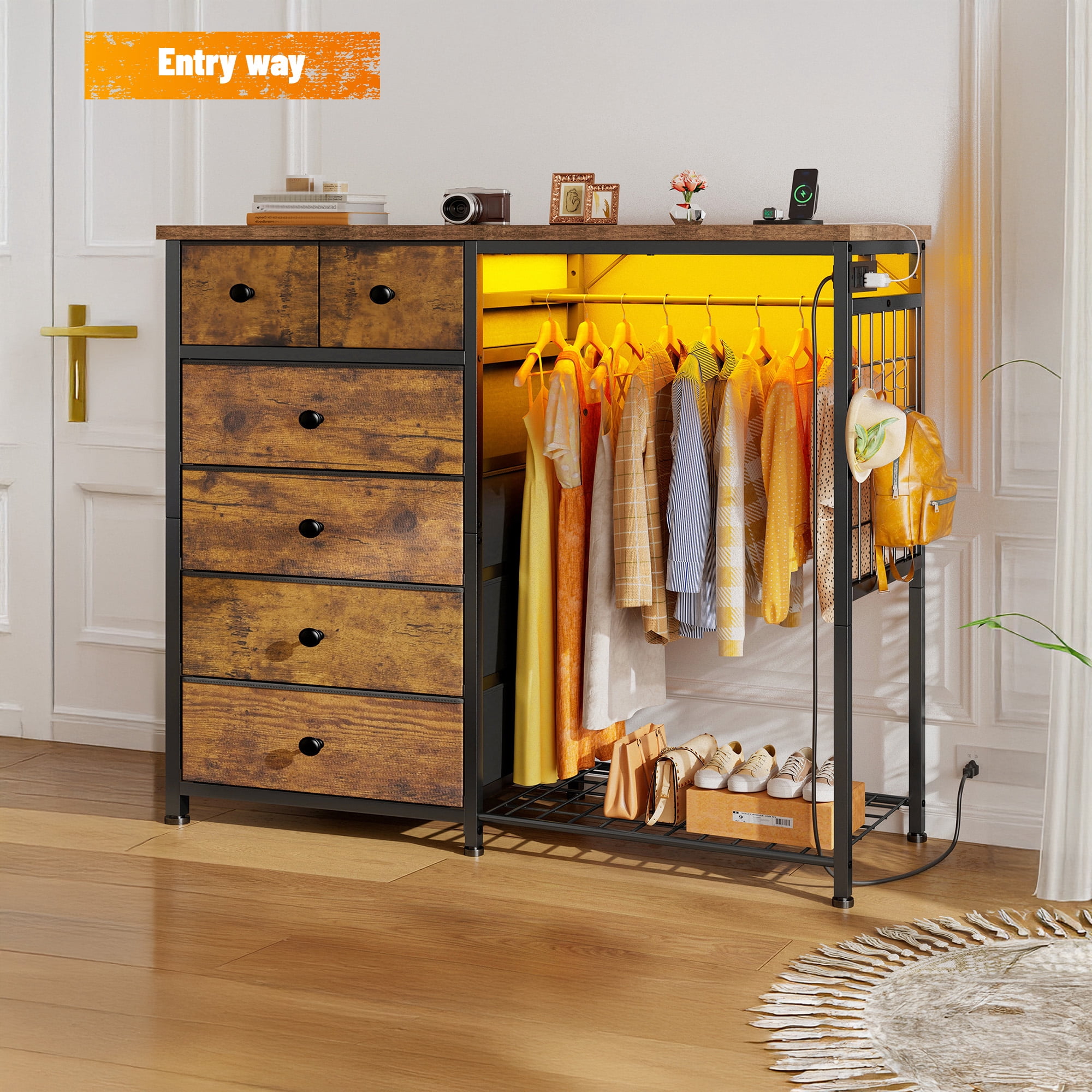 Snhomee Modern Dresser with Clothes Rack Bedroom Dresser with Hanging Rack & Side Storage Drawers Dresser with Fabric Drawers & LED Lights