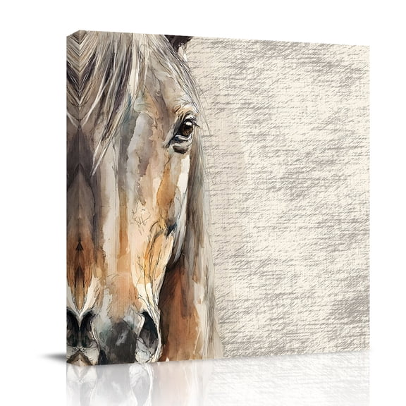 Horse Head Canvas Wall Art for Living Room, Animal Farmhouse Rustic Watercolor Poster Print Painting for Bedroom Office Home Decoration Wall Pictures Prepare To Hang 16"x16"