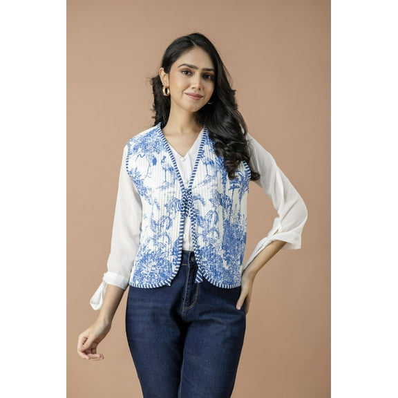 NITIN TEXTILES Blue Toile-Inspired Quilted Vest for Women – Handmade Cotton Jacket with Striped Lining