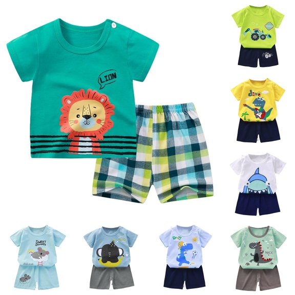 Toddler Boys Summer 2-Piece Outfit Cartoon Printed Short Sleeved Tops and Shorts Children's Suit Sets Size 18-24 Months ,Purple
