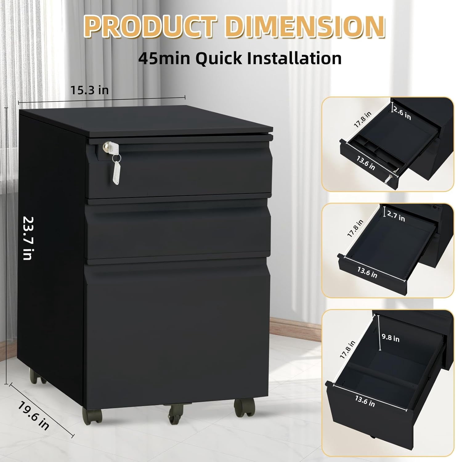 M optimized File Cabinets for Home Office Organizer, 3 Drawer Mobile File Cabinet with Lock & Anti-Tip Wheel, Under Desk Metal Filing Cabinets for Letters/Legal/A4