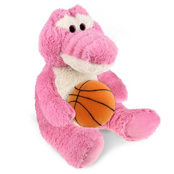 DolliBu Sitting Pink Alligator Stuffed Animal with Basketball Plush - Huggable Alligator, Playtime Plush Toy, Cute Wildlife Gift Plush Doll Animal Toy for Kids and Adults - 10 Inches