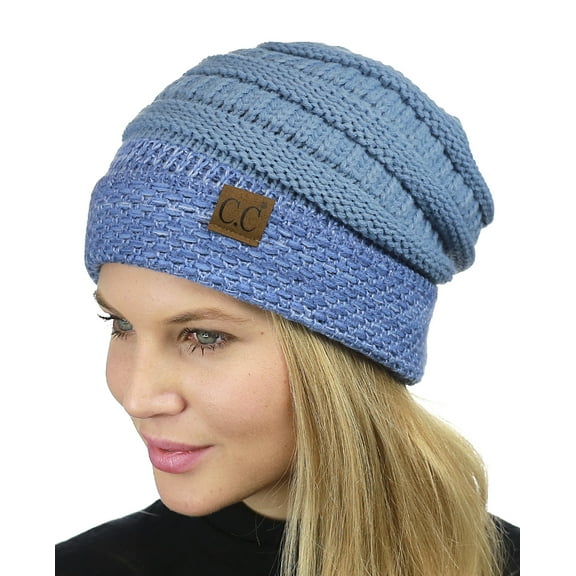 C.C Cable Knit Soft Stretch Multicolor Stitch Cuff Skully Beanie Hat, Denim