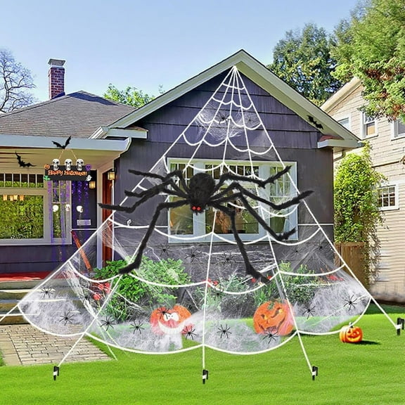 Halloween Spider Web - 350" Halloween Spider Web Decorations Outdoor   59" Giant Fake Spider with Triangular Huge Spiders Web - Scary Decor Clearance for Yard, Patio, Garden, Haunted House Décor