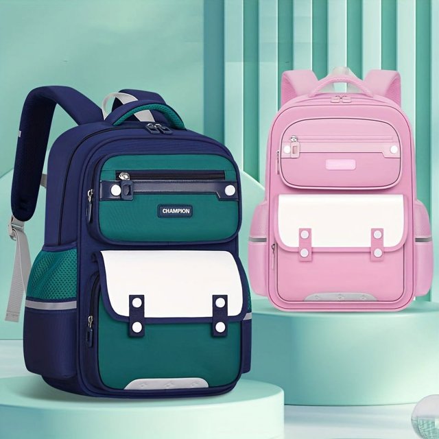 1pc Simple Fashion Contrast Color Backpack, Lightweight Spine Protection Backpack For Primary School, Boys And Girls Children Backpack, Waterproof Breathable Backpack