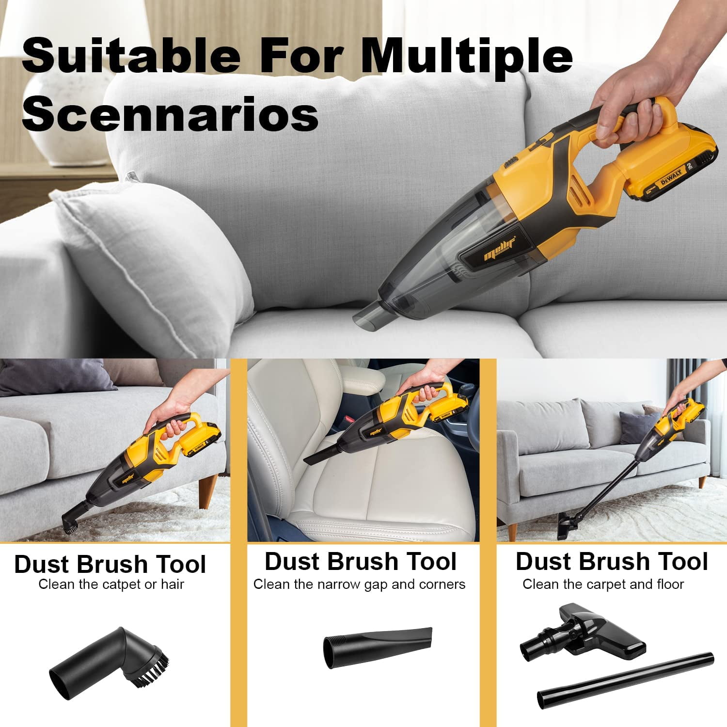 Mellif Cordless Vacuum for Dewalt 20V Max Battery, Handheld Electric Power Vacuum Cleaner for Hardwood/Floor/Carpet/Pet/Hair/Car (No Battery)