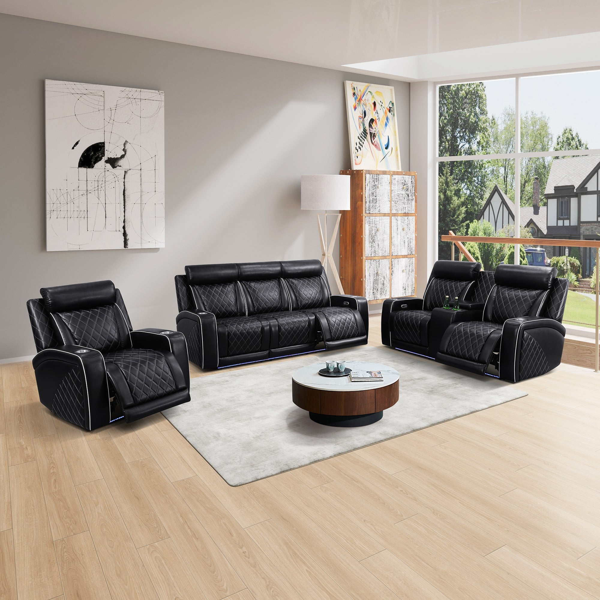Gewnee Power Recliner Sofa Set, Air Leather 3 Pieces Sectional Couch with LED Light, Storage Console,Cup Holder for Living Room