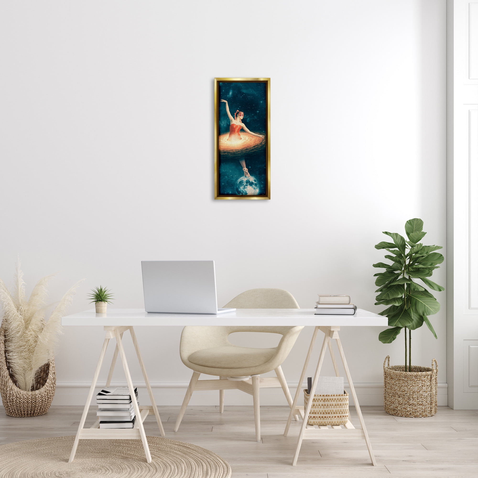 Stupell Industries Dancing Ballerina Surreal Nebula Dress Abstract Painting Gold Floater Framed Canvas Art Print Wall Art, 11 x 25