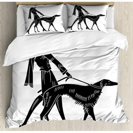 Art Nouveau King Size Duvet Cover Set Fashion Woman With Dog Art Nouveau King Size Duvet Cover Set Fashion Woman With Dog Walking Model Canines Lady