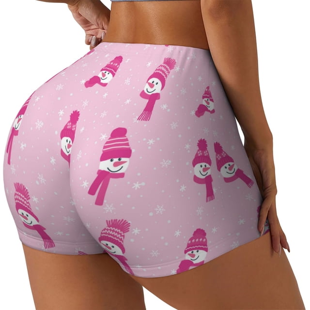 Fotbe Pink Scarf Snowman Shorts Sin Costuras – Shorts Deportivos de Cintura Alta para Mujer, Elásticos para Gimnasio, Yoga, Running o Ciclismo-X-Large