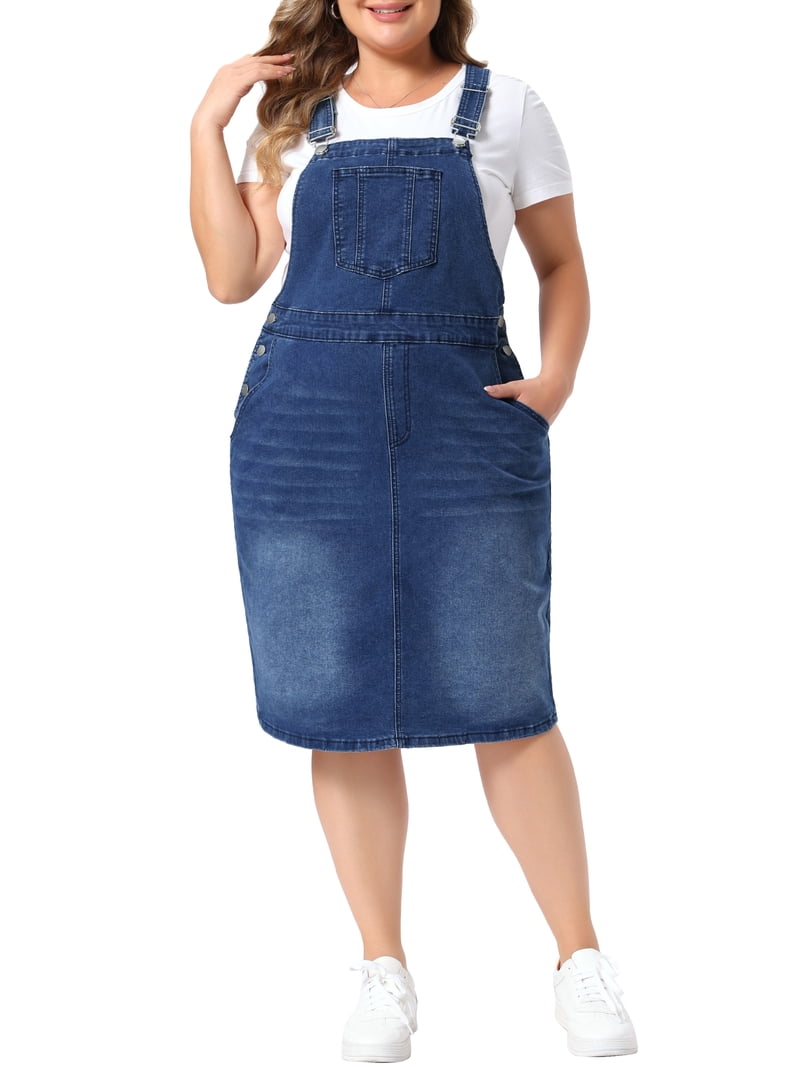 Agnes Orinda Women's Plus Size Denim Overalls Dress Vintage Adjustable Strap Pinafore Back Slit Casual Midi Bib Jean Dress with Pockets 2X Dark Blue
