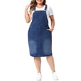 thumbnail image 2 of Agnes Orinda Women's Plus Size School College Denim Overalls Dress Vintage Adjustable Strap Pinafore Back Slit Casual Midi Bib Jean Dress with Pockets 1X Dark Blue, 2 of 6