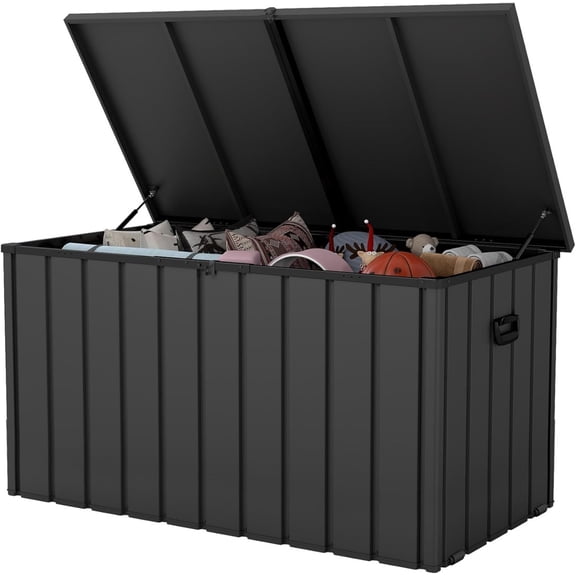 200 Gallon Patio Deck Box, Metal Outdoor Storage Box with Lockable Lid, Waterproof Pool Storage Cabinet Container for Garden Tools, Dark Grey