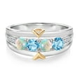 thumbnail image 2 of Gem Stone King 1.26 Cttw Round Cabochon White Simulated Opal Swiss Blue Topaz Lab Grown Diamond Band Ring for Women | 925 Silver and 10K Yellow Gold | Available in Size 5, 6, 7, 8, 9, 2 of 3