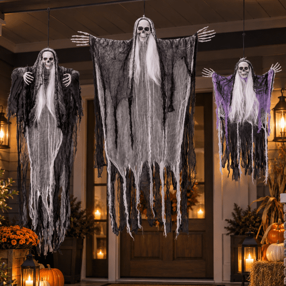iHomeGarden 3-Pack Halloween Hanging Ghost Decorations Outdoor, 38" 50" 58" Scary Flying Skeleton Ghost Props for Porch Yard Tree