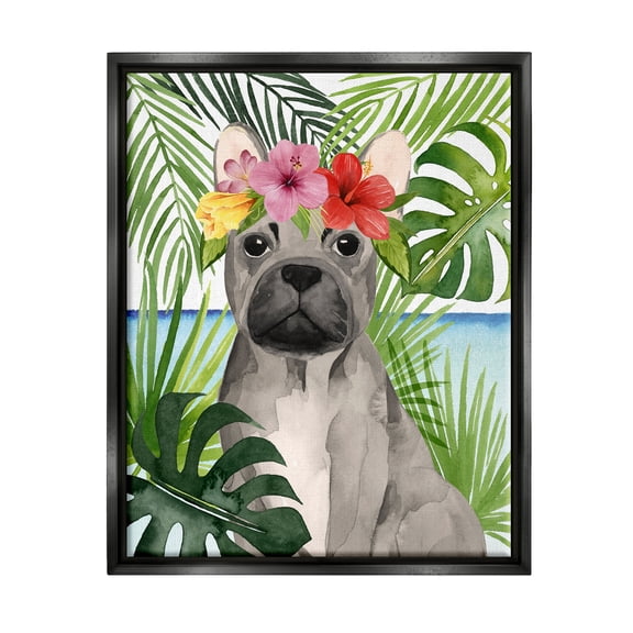 Stupell Industries Tropical French Bulldog Animals & Insects Painting Black Floater Framed Canvas Art Print Wall Art, 17 x 21