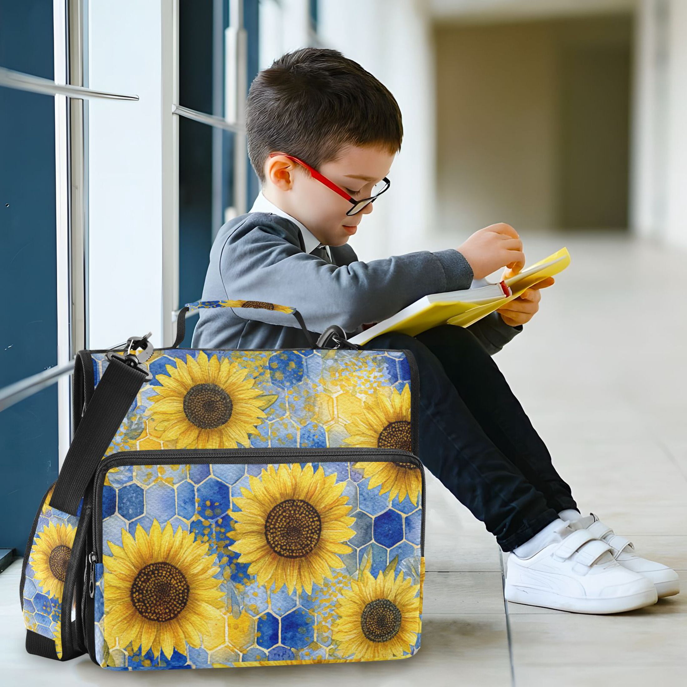 Sunflowers and Blue Honeycomb Binder Bag with Shoulder Strap 3 Ring Zipper Binder File Folder Document Storage