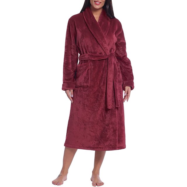 Women Plush Fleece Robe Long Warm Bathrobe Shawl Collar/Hood