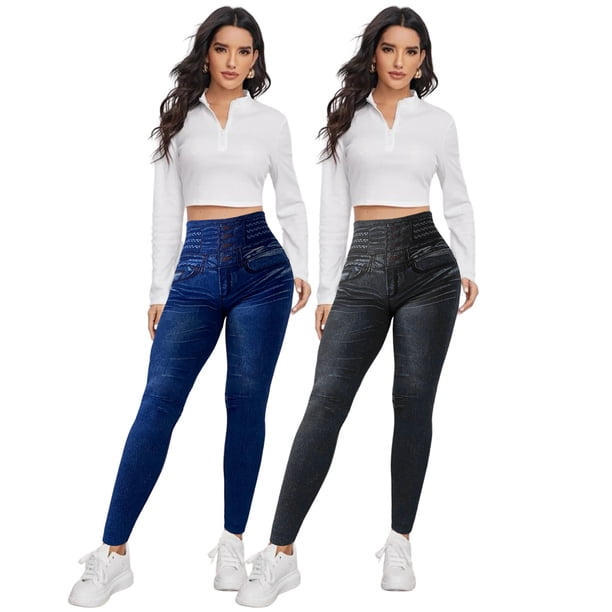Set 2 Leggins Mujer Mezclilla Faja Alta Mallas Gruesa Mayon
