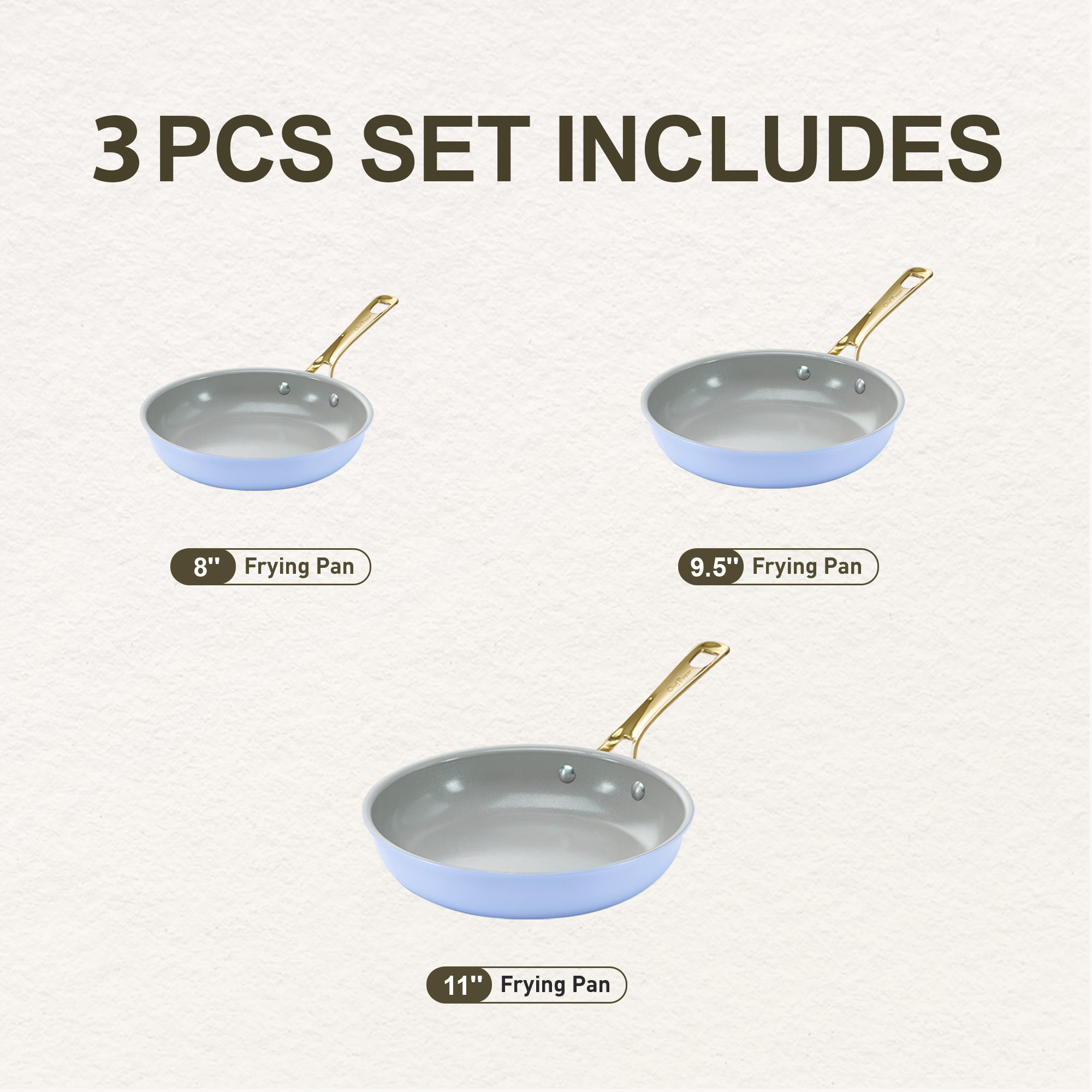 Chef Power 3 Pcs Non-Stick Ceramic Pots and Pans Set, with Stainless Steel Light Gold Handles, Blue, Dishwasher and Oven Safe
