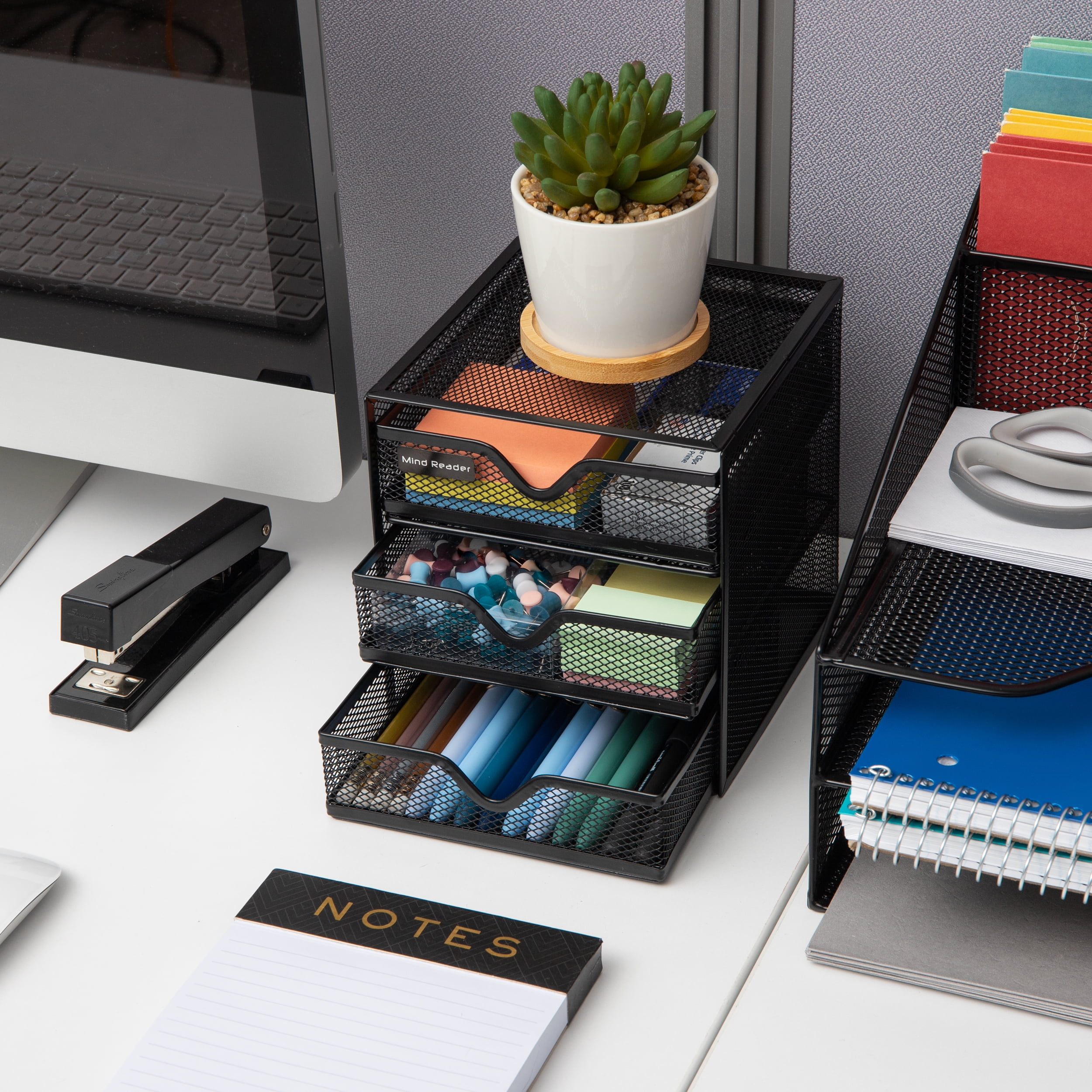 Xelparuc Desk Organizer for Women, Mesh Office Supplies Desk Accessories, Features 4 Compartments + 1 Mini Sliding Drawer, Size: 1XL, Gold