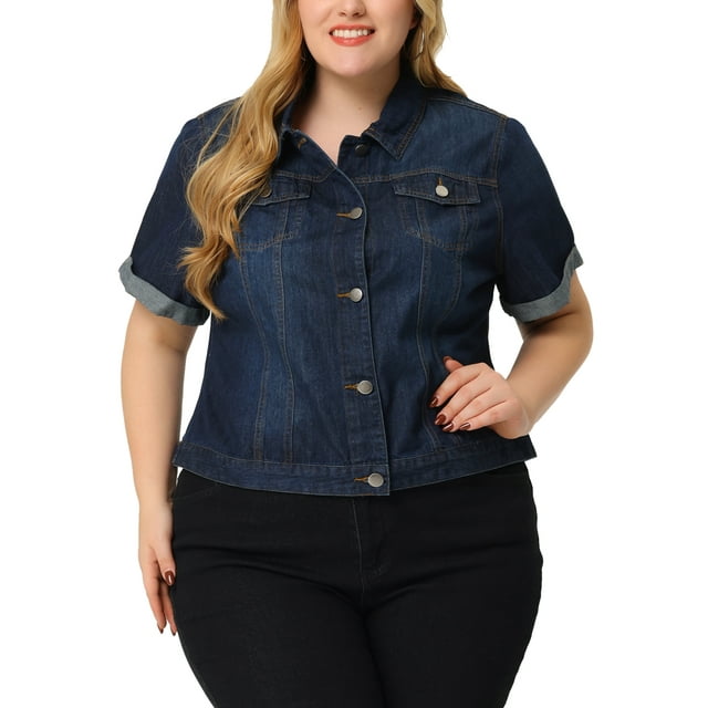 GRACE & GRANDEUR Women's Plus Size Denim Jacket Button Front Crop Jean Short Sleeve Trucker Jackets Dark Blue 1X