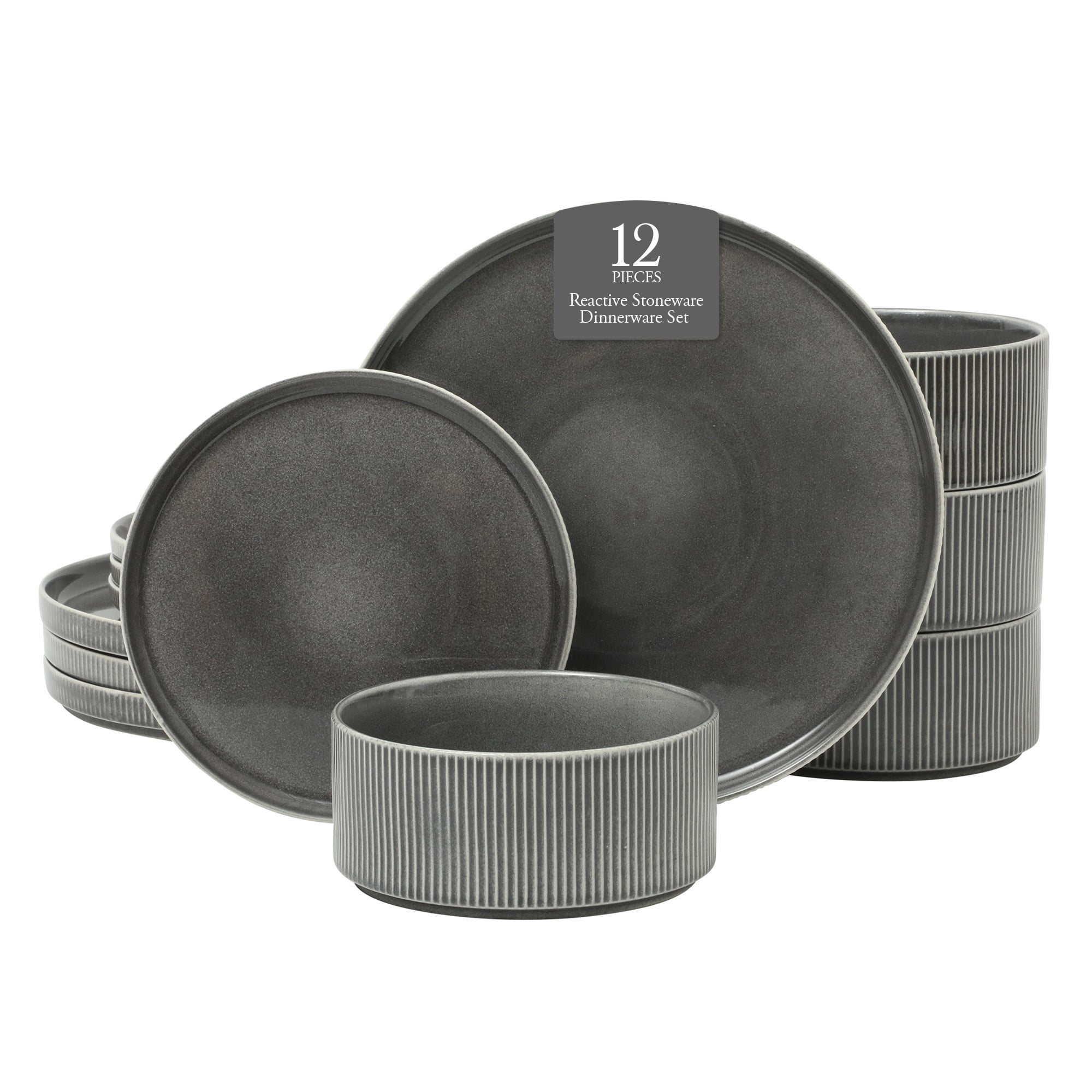 Gibson Elite Solana Coast 12 Piece Stoneware Reactive Glaze (Service for 4) Ceramic Plates and Bowls Modern Shape Embossed Dinnerware Set - Black