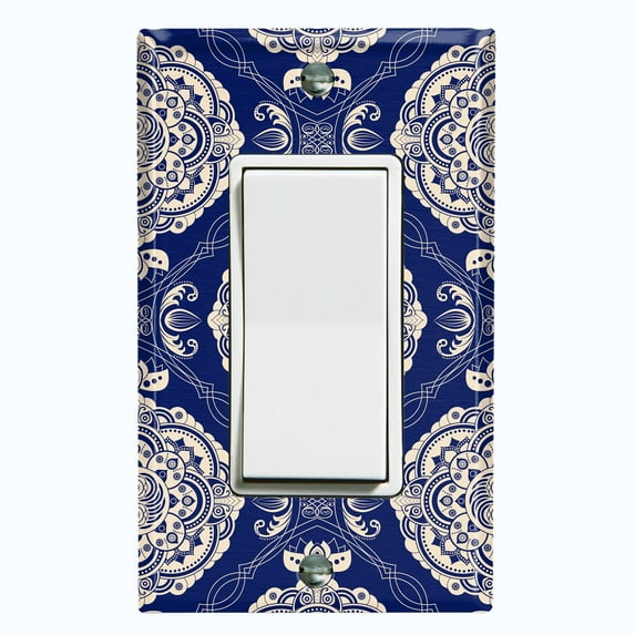 Metal Light Switch Plate Cover Mandala Blue White Floral Pattern Damask MDL072