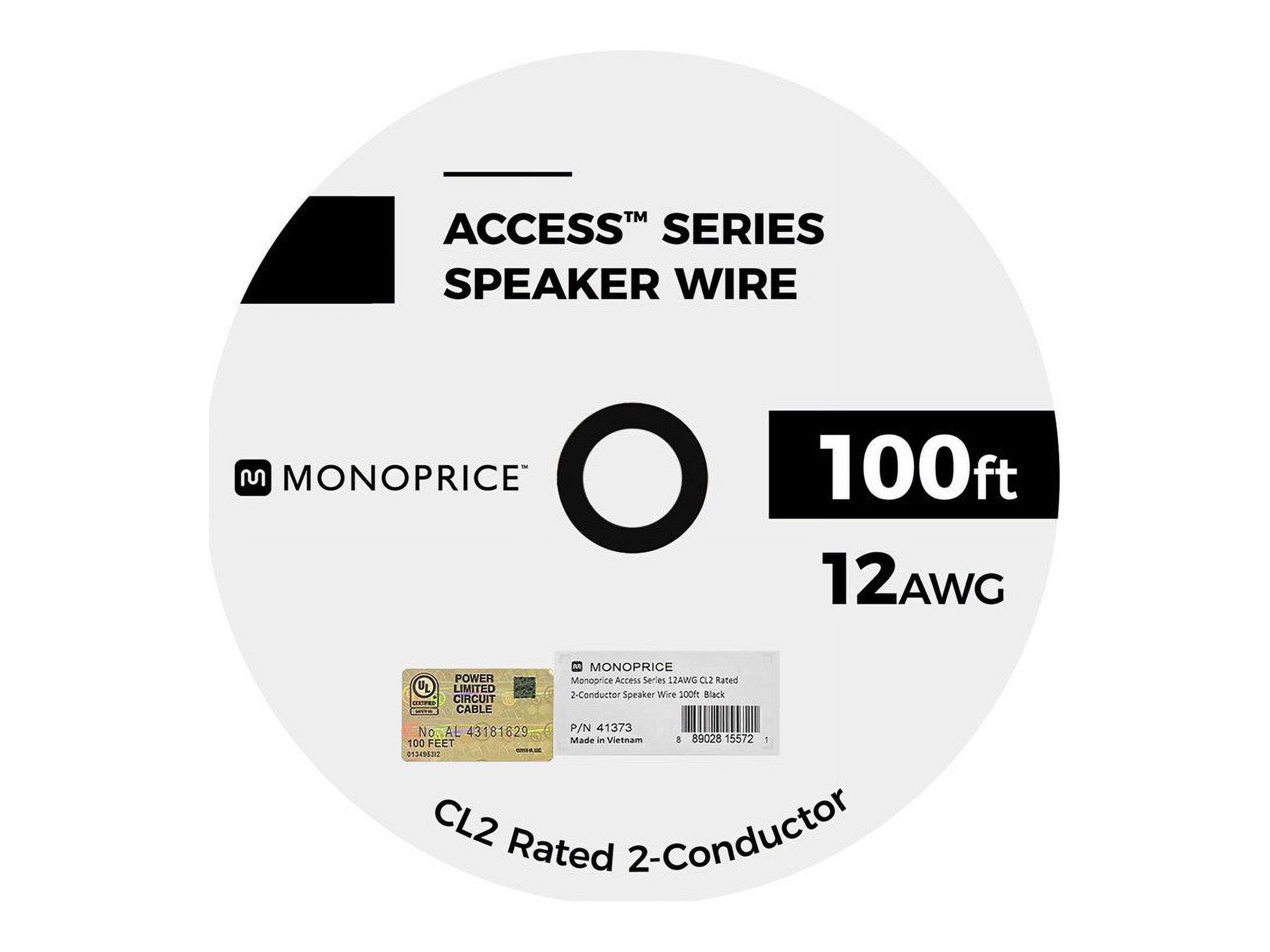 Monoprice Speaker Wire, CL2 Rated, 2-Conductor, 12AWG, 100ft, Black