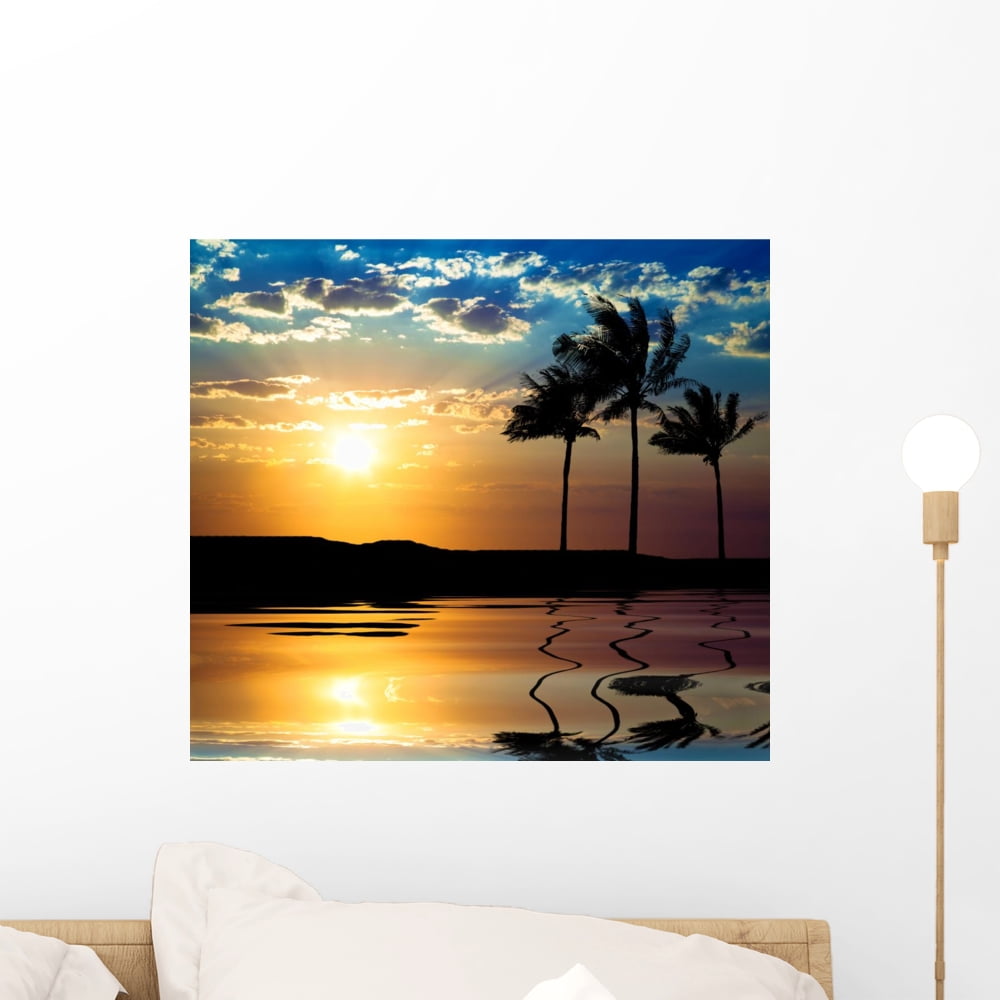 Sunset Beach and Palm Wall Mural by Wallmonkeys Peel and Stick Graphic ...