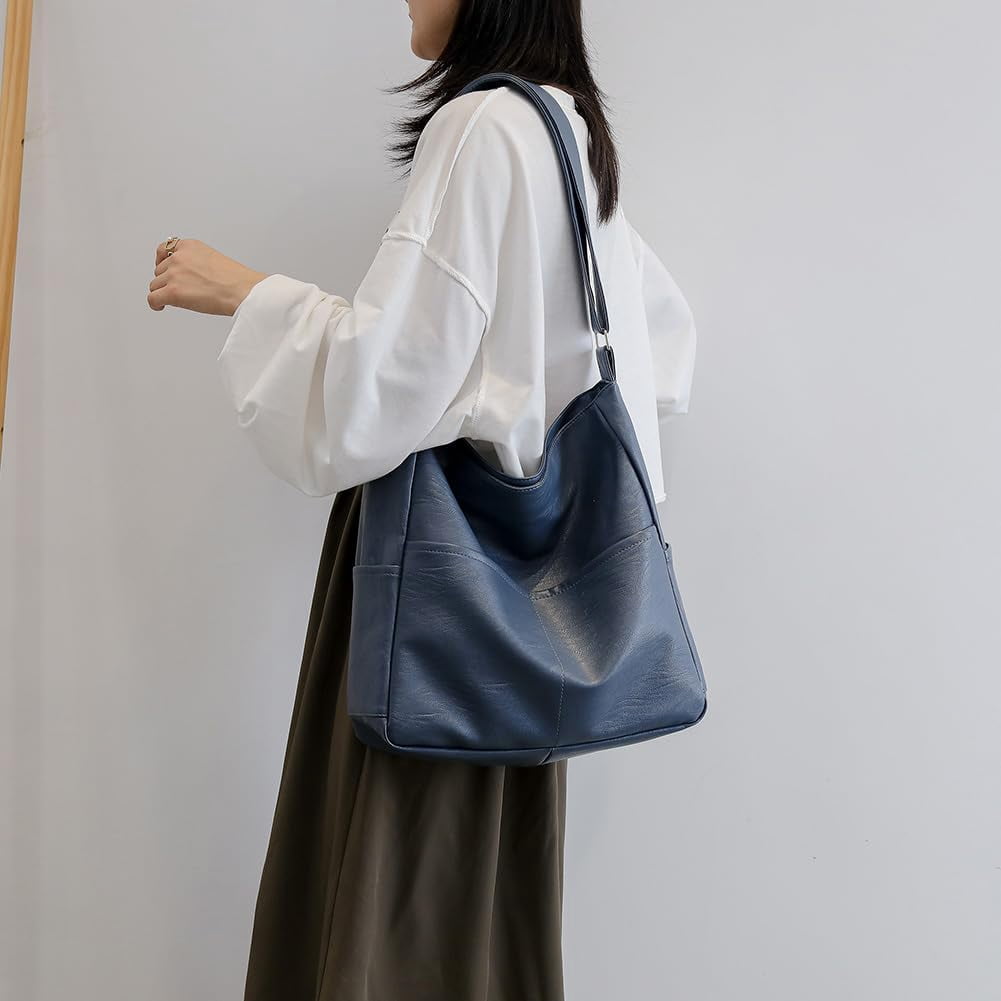 Kukuzhu Faux Leather Tote Bag with Pockets Women Shoulder Bag College Tote Bag Hobo Crossbody Bag for Work Travel