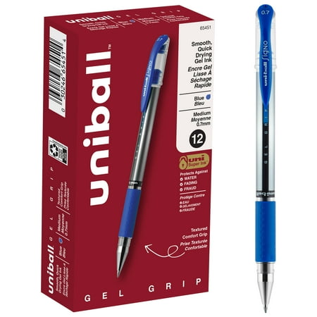 uniball Gel Grip Gel Pens, Medium Point, 0.7mm, Blue Ink, 12 Count