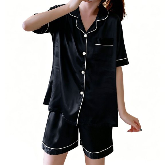 KyCheLot Women's Button down Outfits Lapel Neck Short Sleeve Sleepwear Shorts Lightweight Trendy Pajama Sets