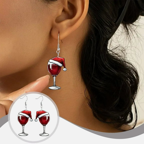ABPWLY Home Christmas Wine Glass Earrings with Santa Hat Plastic Drop Earrings for Women Red Holiday Accessory Christmas Decor
