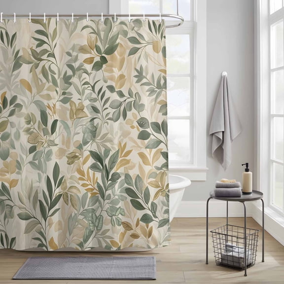 Bathroom Shower Curtain Sage Green Leaf Spring Plant Waterproof Shower Curtains with Hooks, Country Leaves Seamless Bath Curtains Bathtub Curtain Home Decor 36x72in