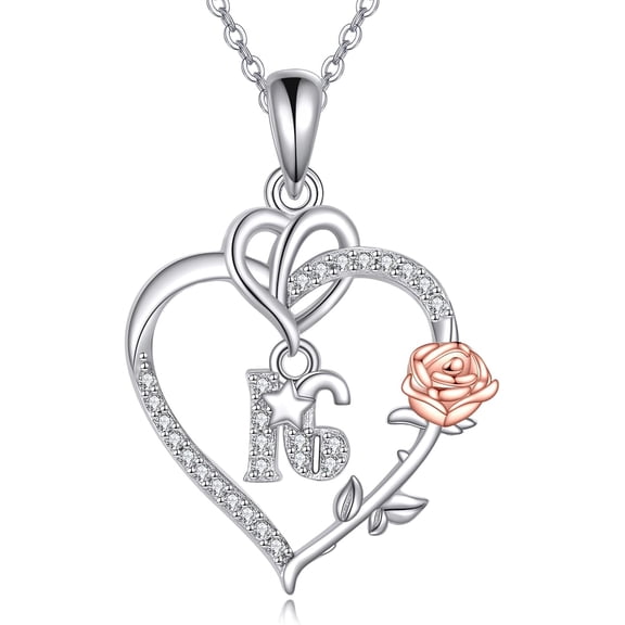 Birthday Gifts for Women 925 Sterling Silver Sweet 16th Heart Necklace with Rose Pendant Jewelry for Sister Friends
