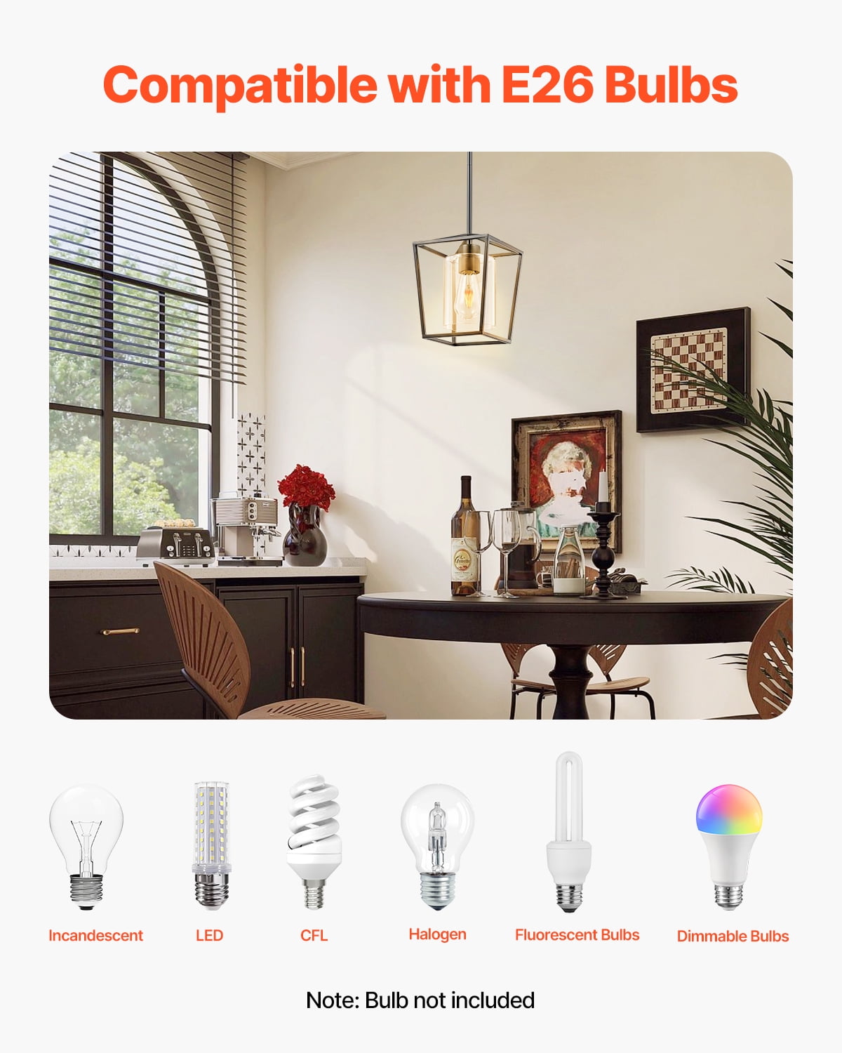 VEVOR 1-Light Black Pendant Light, 1 Pack, Farmhouse Iron Cage Metal Pendant Lighting with Clear Glass Shade, Adjustable Height Hanging Ceiling Lighting for Bedroom, Hallway, Entryway, Kitchen